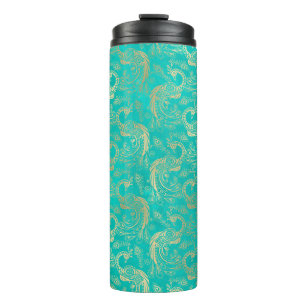 Vintage Grunge Turquoise and Gold Peacock Thermal Tumbler