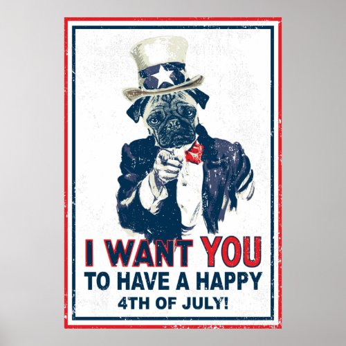 Vintage Grunge Uncle Sam 4th of July Pug Poster