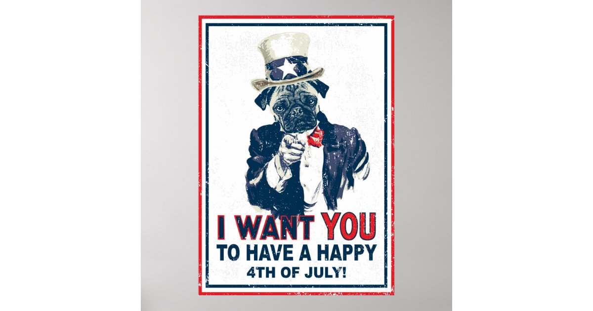 Vintage Grunge Uncle Sam 4th of July Pug Poster | Zazzle