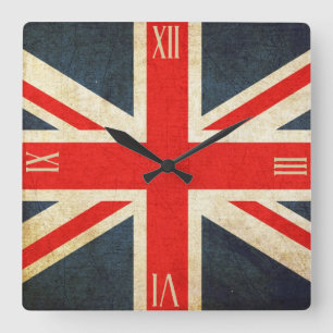 Vintage Grunge Union Jack Flag of UK Roman Numbers Square Wall Clock