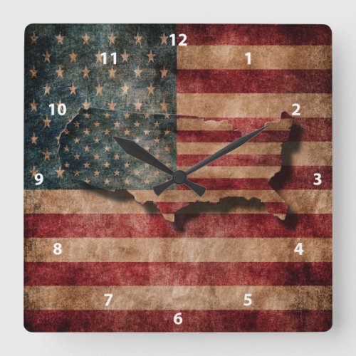 Vintage Grunge USA Stars  Stripes Flag and Map Square Wall Clock