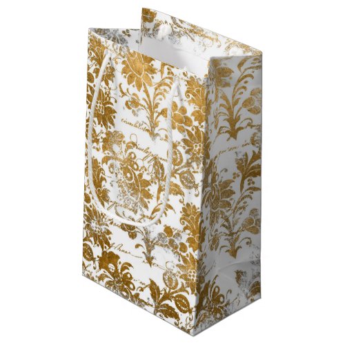 Vintage Grunge White Gold Damask Floral Pattern  Small Gift Bag