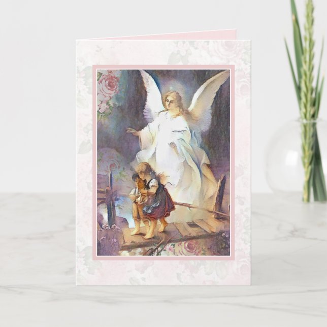 Vintage Guardian Angel Children Pink Roses  Card (Front)