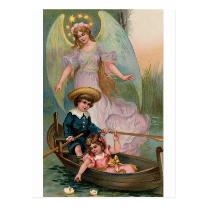 Vintage guardian angel of children and boat postcard