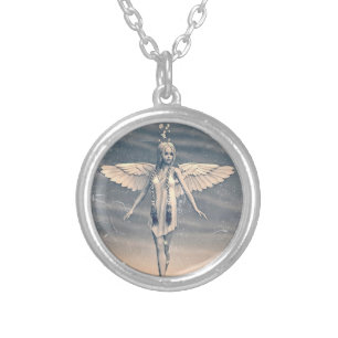 Vintage Guardian Angel Rainbow Art Silver Plated Necklace