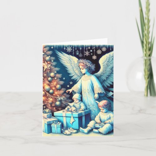 Vintage Guardian Angel with Children Holiday Card