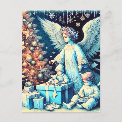Vintage Guardian Angel with Children Holiday Postcard