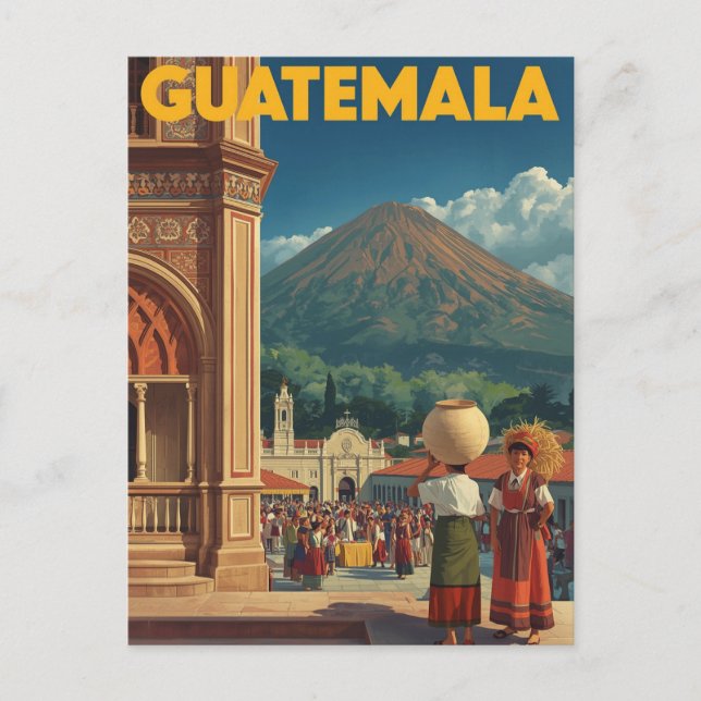 Vintage Guatemala Market Volcano Travel Postcard (Front)