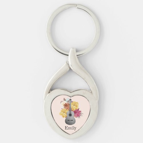 Vintage Guitar and Flowers Magnet Keychain