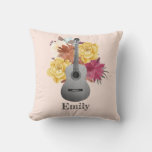 Vintage Guitar and Flowers Throw Pillow