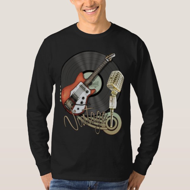 Vintage Guitar and Microphone Design T-Shirt (Front)
