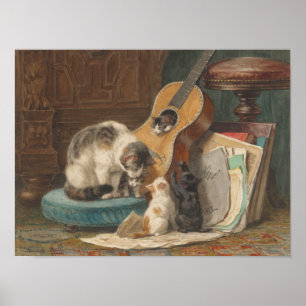 Vintage Guitar Print Cat Kittens Piano Musician