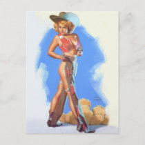 Vintage gun slinger pin up girl postcard