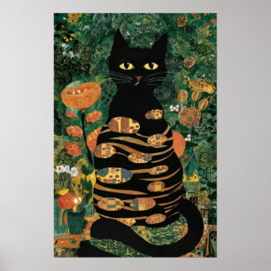 Vintage Gustav Klimt Black Cat In a Flower Garden Poster