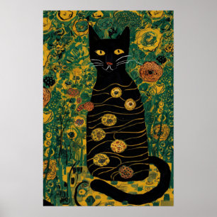 Vintage Gustav Klimt Black Cat In a Flower Garden Poster