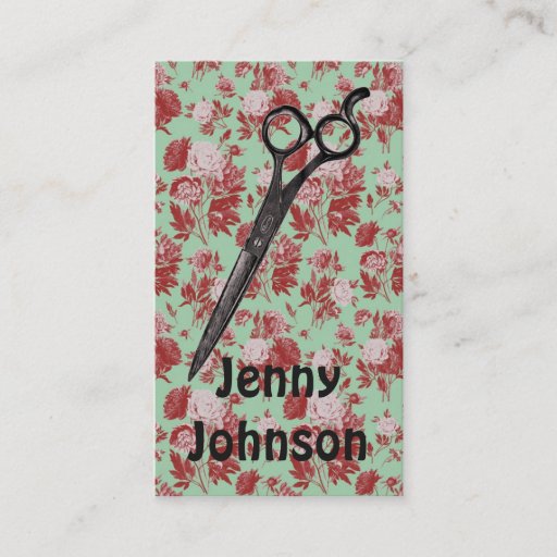 Customizable vintage hair stylist floral mint pink red scissors business card template