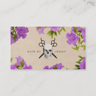 vintage hair stylist purple floral shears skull business card