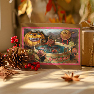 Vintage Halloween Apples Jumping In Barrel Card