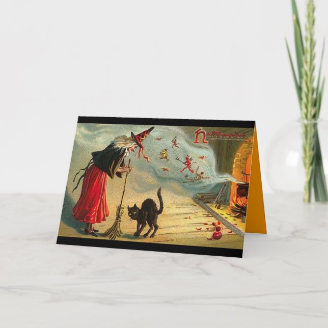 Vintage Halloween Art - Cat meets the Witch ! Card (Front)