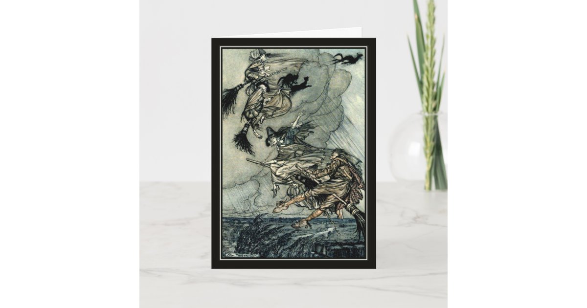 Vintage Halloween Arthur Rackham Flying Witches Card | Zazzle