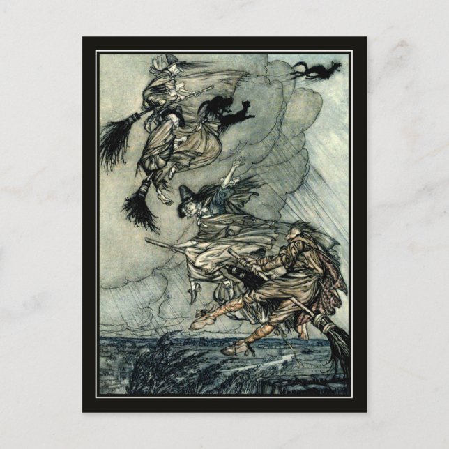 Vintage Halloween Arthur Rackham Flying Witches Postcard (Front)