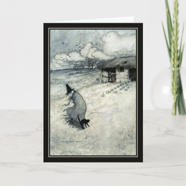Vintage Halloween Arthur Rackham Witch + Black Cat Card (Front)