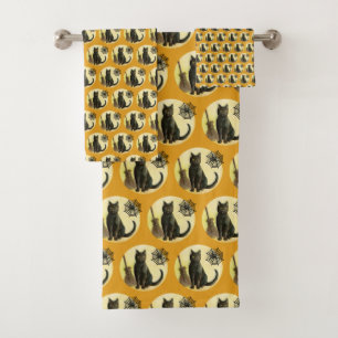Vintage Halloween Bathroom Decor Black Cat Spider Bath Towel Set