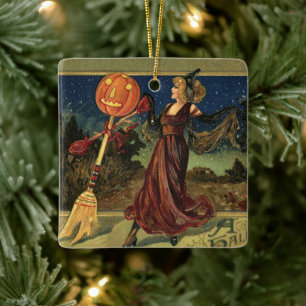 Vintage Halloween, Beautiful Dancing Witch Ceramic Ornament