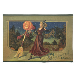Vintage Halloween, Beautiful Dancing Witch Cloth Placemat
