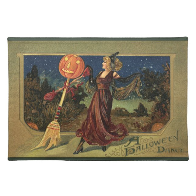 Vintage Halloween, Beautiful Dancing Witch Cloth Placemat (Front)