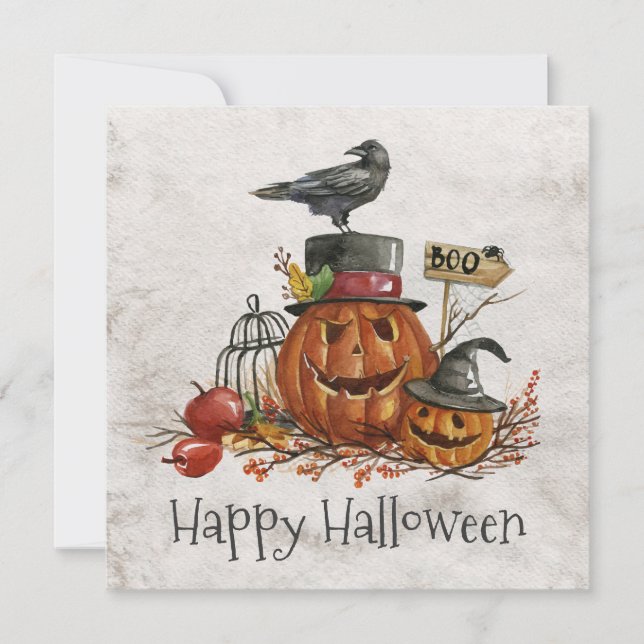 Vintage Halloween Black Bird & Pumpkins Invitation (Front)