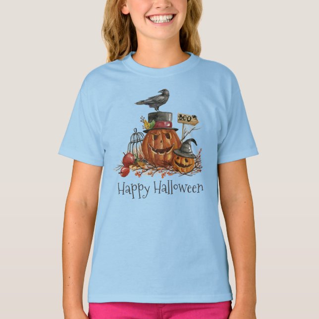 Vintage Halloween Black Bird Pumpkins Sleeve Shirt (Front)