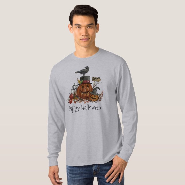 Vintage Halloween Black Bird Pumpkins Sleeve Shirt (Front Full)
