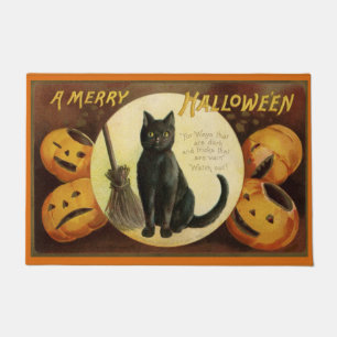 Vintage Halloween Black Cat and Carved Pumpkins Doormat