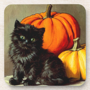 Vintage Halloween Black Cat and Pumpkins Beverage Coaster