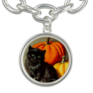 Vintage Halloween Black Cat and Pumpkins Bracelet