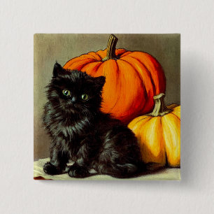 Vintage Halloween Black Cat and Pumpkins Button