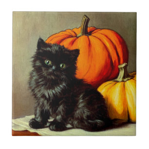 Vintage Halloween Black Cat and Pumpkins Ceramic Tile