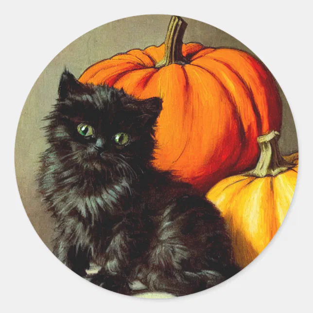 Vintage Halloween Black Cat and Pumpkins Classic Round Sticker | Zazzle