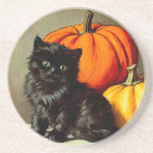 Vintage Halloween Black Cat and Pumpkins Coaster
