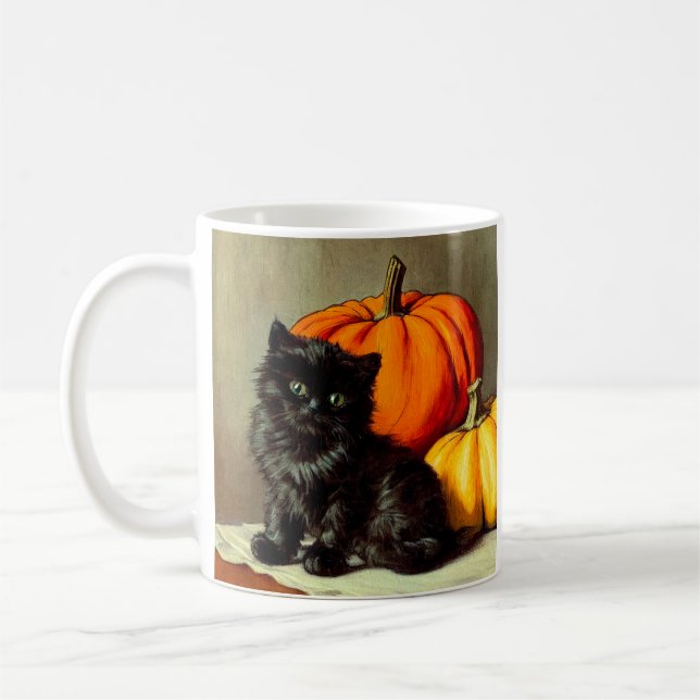 Vintage Halloween Black Cat and Pumpkins Coffee Mug (Left)