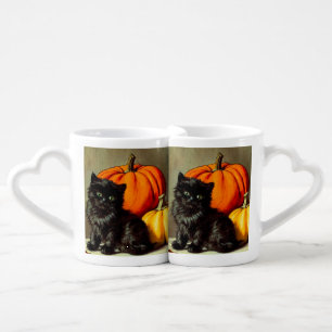 Vintage Halloween Black Cat and Pumpkins Coffee Mug Set