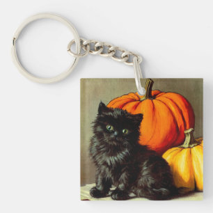 Vintage Halloween Black Cat and Pumpkins Keychain