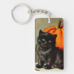 Vintage Halloween Black Cat and Pumpkins Keychain