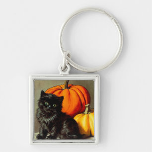 Vintage Halloween Black Cat and Pumpkins Keychain