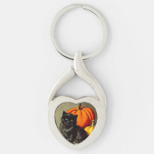Vintage Halloween Black Cat and Pumpkins Keychain
