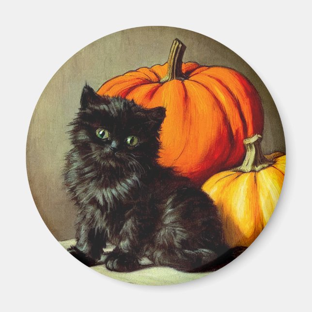 Vintage Halloween Black Cat and Pumpkins Magnet (Front)