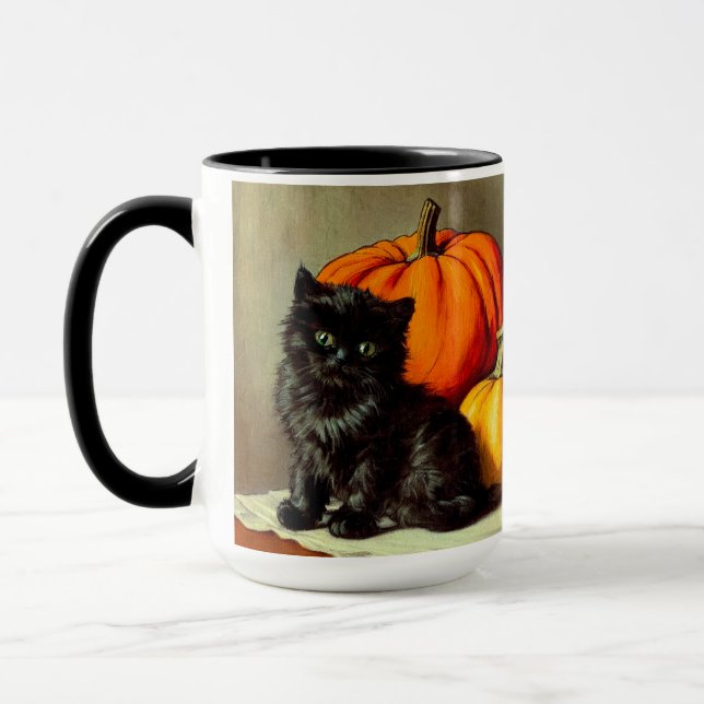 Vintage Halloween Black Cat and Pumpkins Mug (Left)