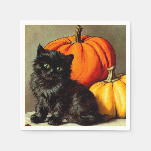 Vintage Halloween Black Cat and Pumpkins Napkins (Front)