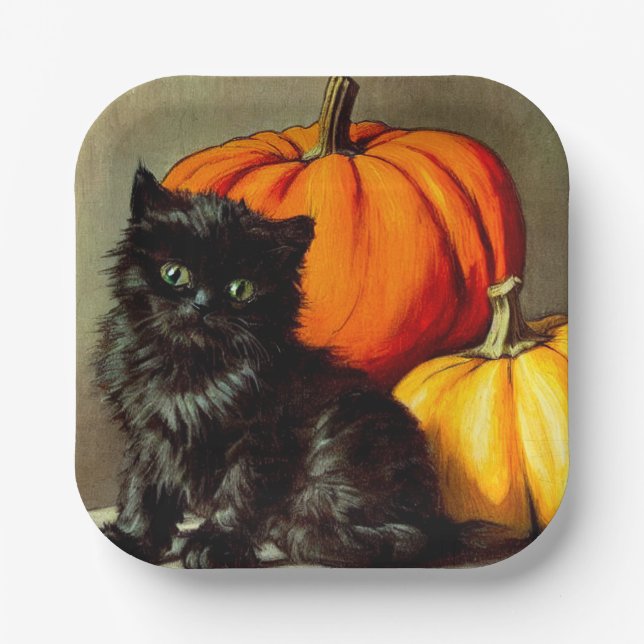 Vintage Halloween Black Cat and Pumpkins Paper Plates (Front)